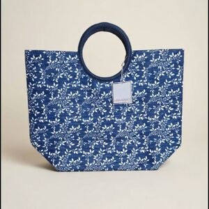 NWT Shiraleah Florentina Tote Circle Ring Handles Floral Blue Bag Large Size